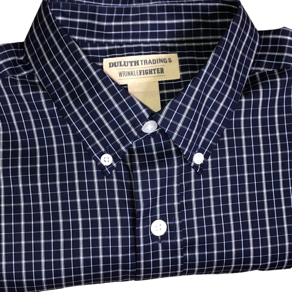 Duluth Trading Co Wrinkle Fighter Navy Blue Dress Button Down Shirt Size Medium - Picture 3 of 8